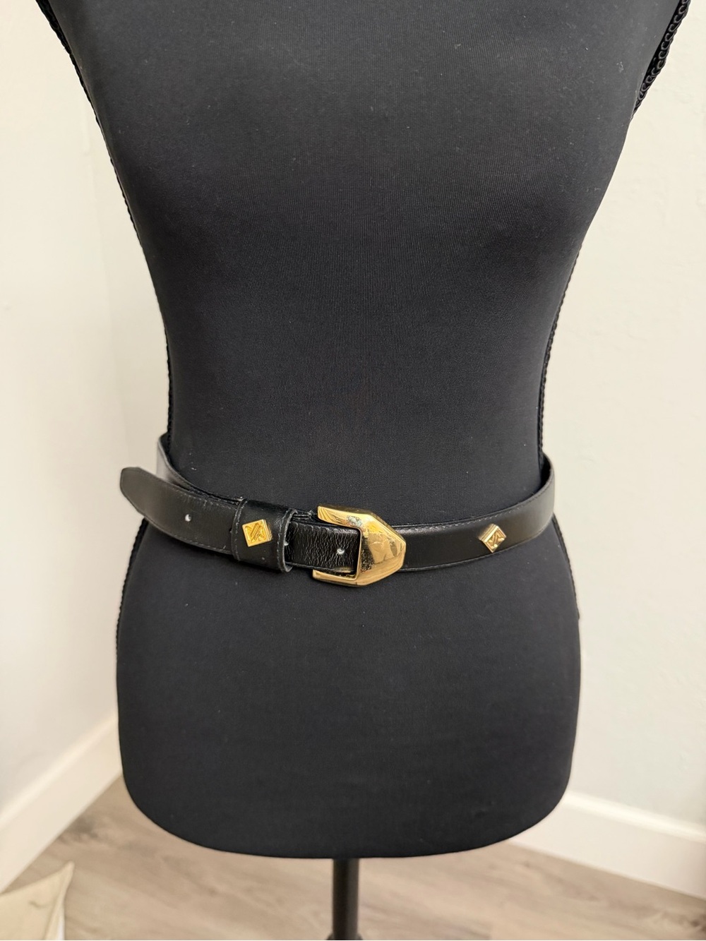 Vintage Jones New York Black Leather Belt with Gold Buckle and Studs